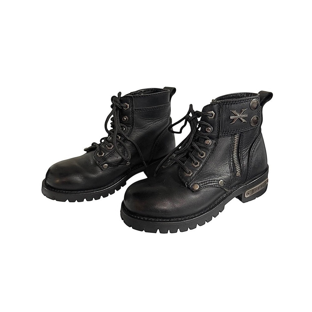 Xelement‎ Black Leather Lace Up Biker Moto Boots Side Zip Womens 6M